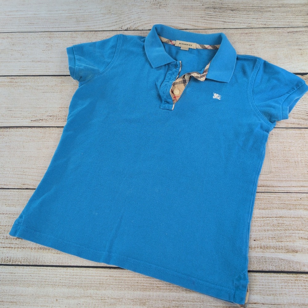 Burberry London Kids Blue Polo Shirt Check Trim Size 10Y